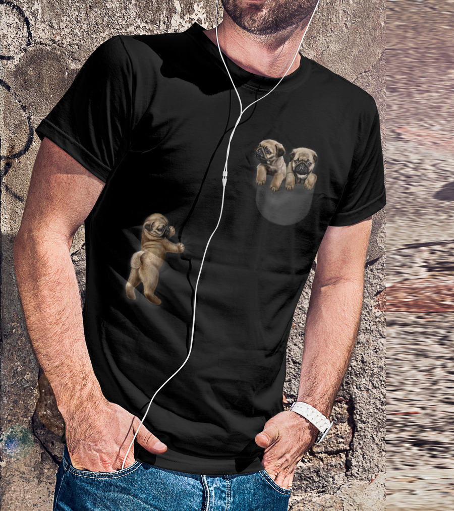 Cute Sleepy Pug Hang Out In Pocket Dog Playful Pug Puppies T-Shirt