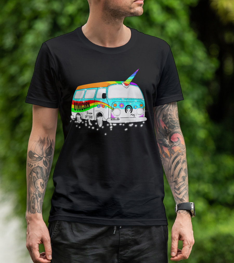 Team Unicorn Van With Rainbow Colors And Flowers T-Shirt
