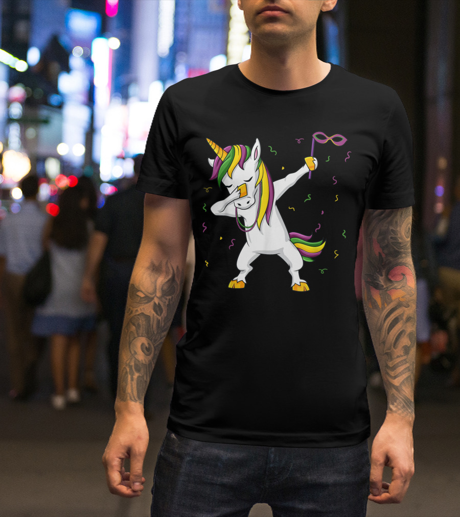 Dabbing Unicorn Mardi Gras Girls Kids Dab Mask Confetti T-Shirt