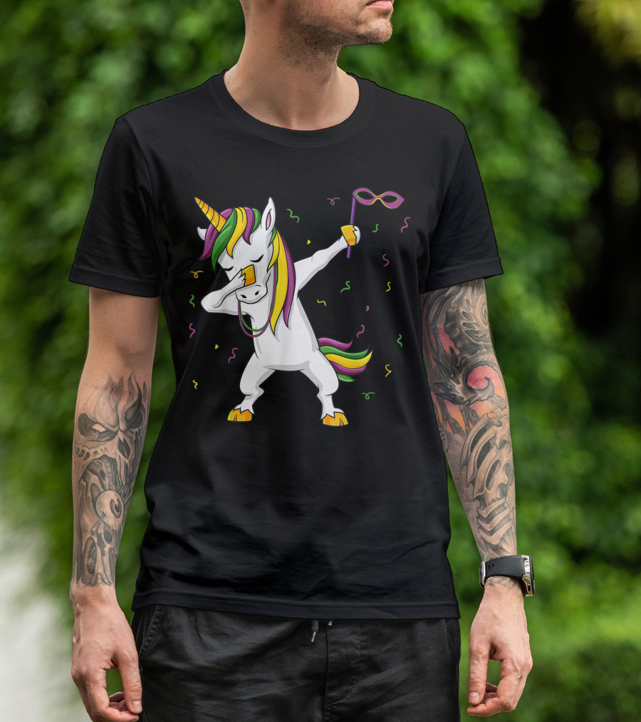 Dabbing Unicorn Mardi Gras Girls Kids Dab Mask Confetti T-Shirt
