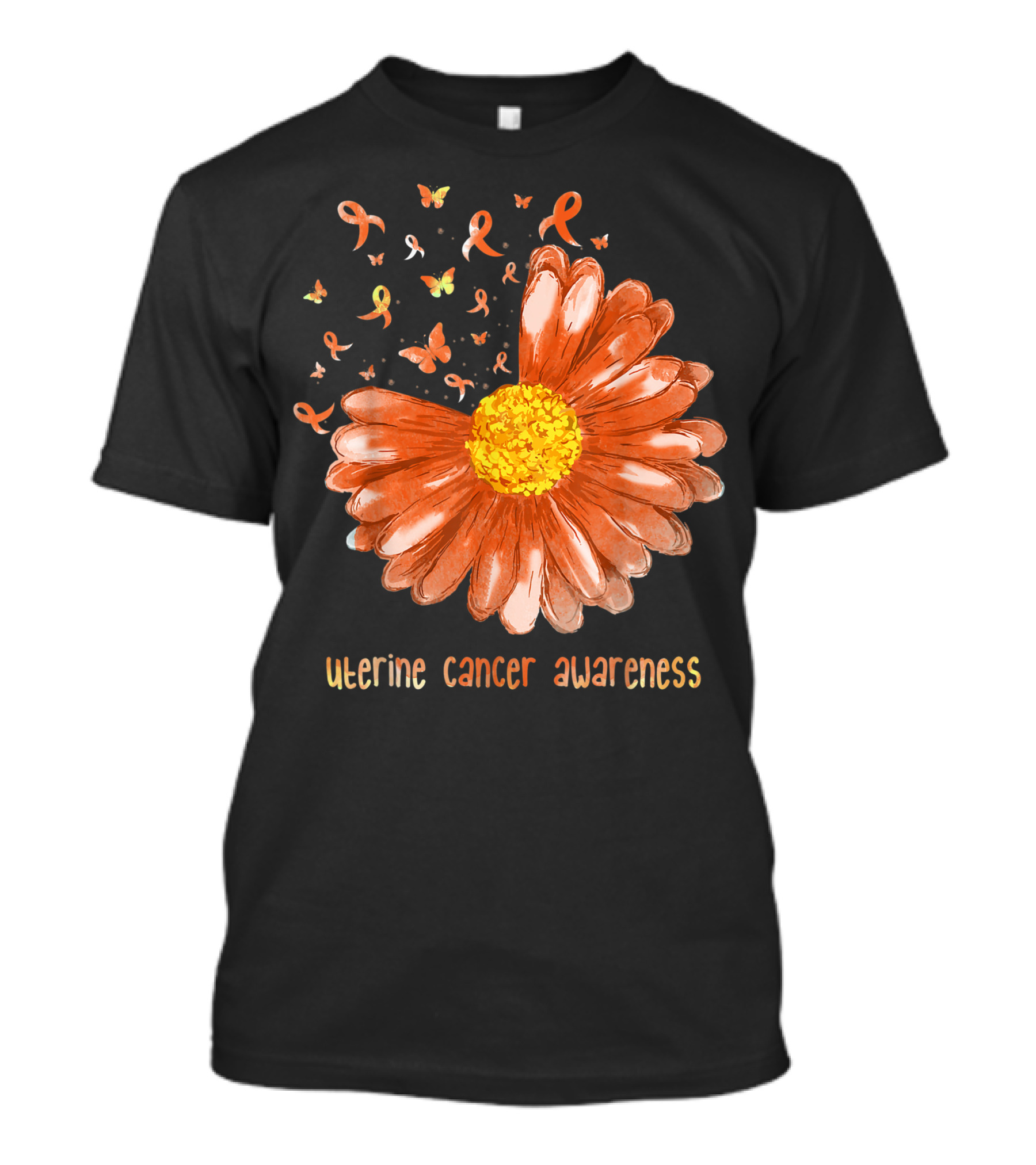 Daisy Butterfly Peach Ribbon Uterine Cancer Awareness T-Shirt
