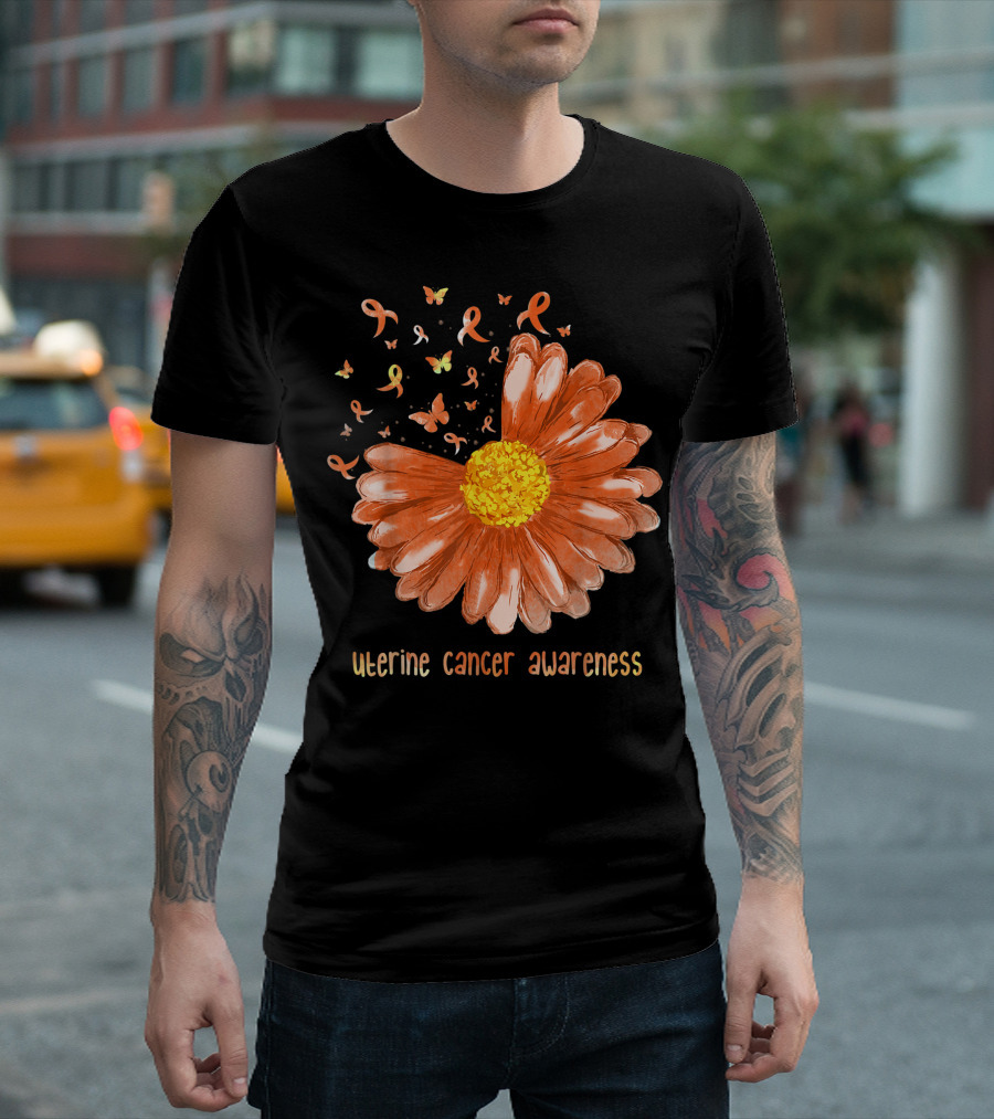 Daisy Butterfly Peach Ribbon Uterine Cancer Awareness T-Shirt