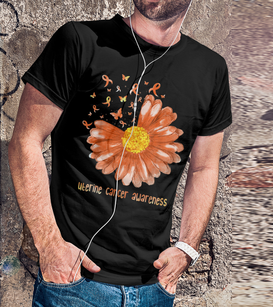 Daisy Butterfly Peach Ribbon Uterine Cancer Awareness T-Shirt