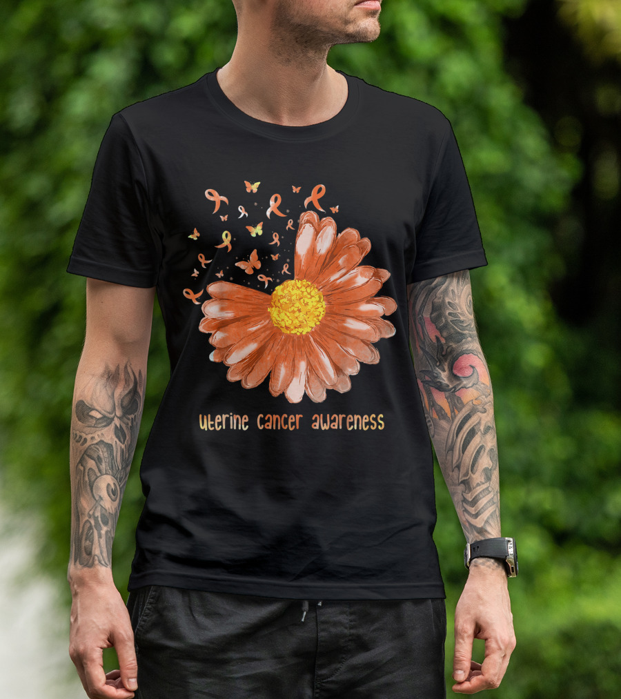 Daisy Butterfly Peach Ribbon Uterine Cancer Awareness T-Shirt