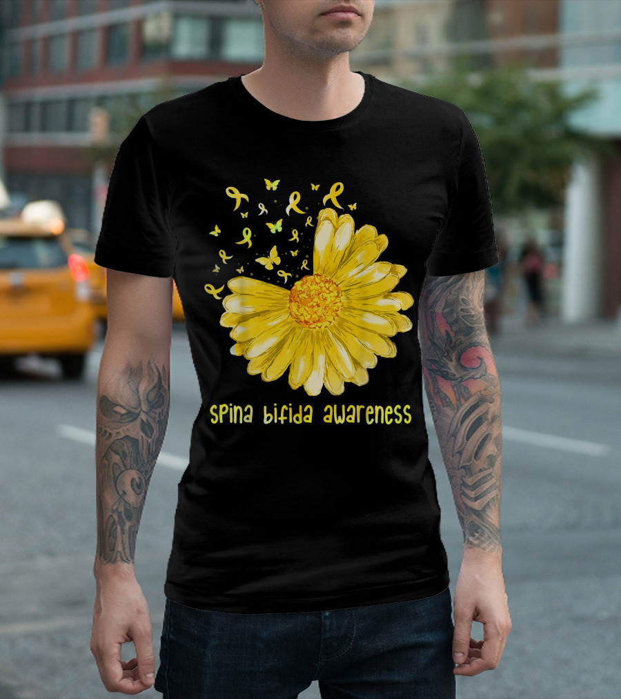 Daisy Butterfly Yellow Ribbon Spina Bifida Awareness Flower T-Shirt