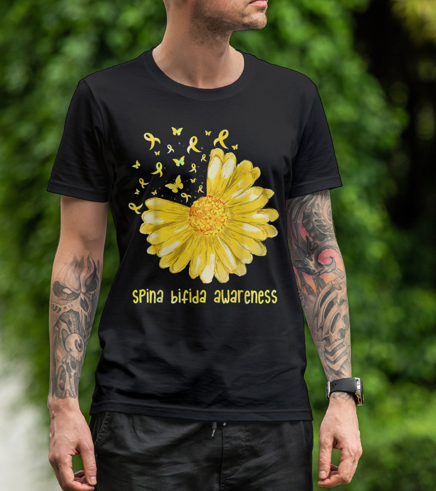 Daisy Butterfly Yellow Ribbon Spina Bifida Awareness Flower T-Shirt