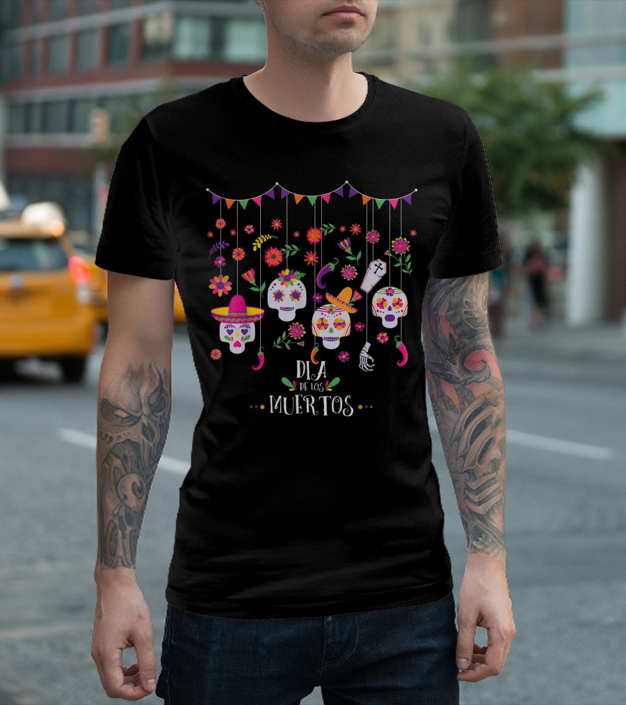 Dia De Los Muertos Hanging Skulls and Flowers with Sombrero and Coffin T-Shirt