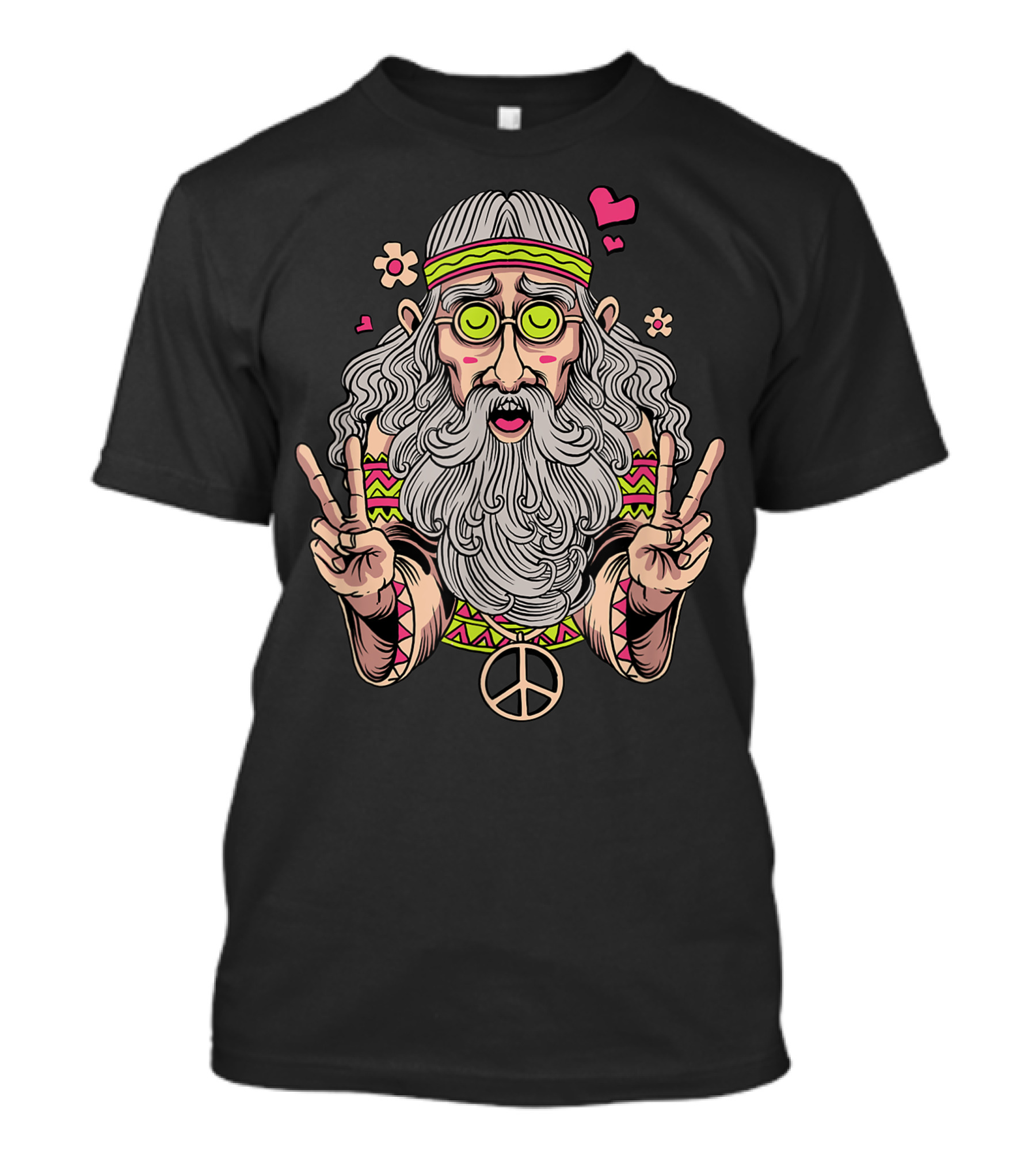 Dirty Old Hippie Beard Peace Sign Love Groovy Flowers Hearts T-Shirt