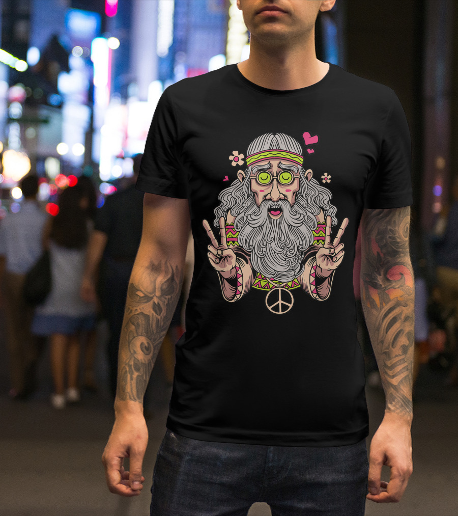 Dirty Old Hippie Beard Peace Sign Love Groovy Flowers Hearts T-Shirt