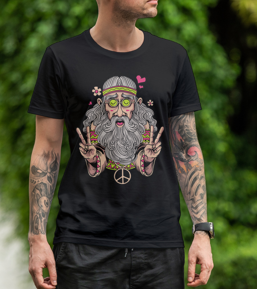 Dirty Old Hippie Beard Peace Sign Love Groovy Flowers Hearts T-Shirt