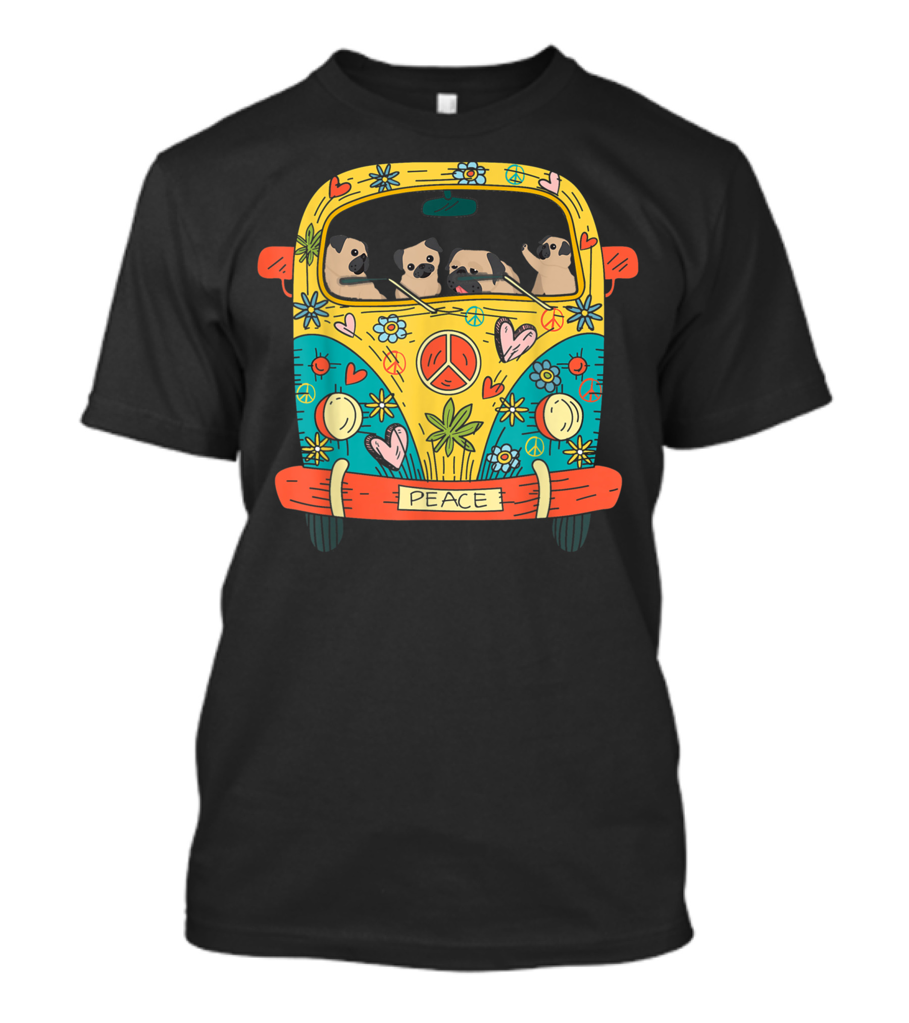 Hippie Pugs In Peaceful Flower Power Van With Love And Peace Signs T-Shirt