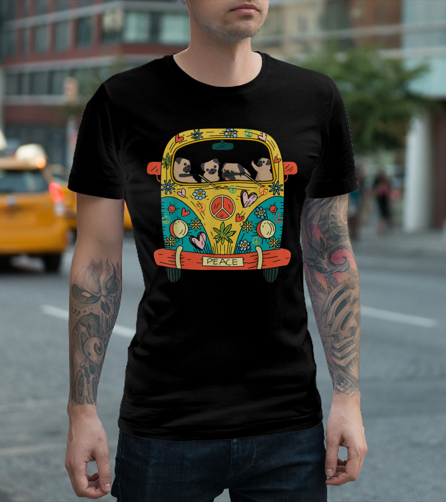 Hippie Pugs In Peaceful Flower Power Van With Love And Peace Signs T-Shirt