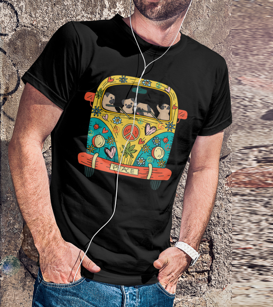 Hippie Pugs In Peaceful Flower Power Van With Love And Peace Signs T-Shirt