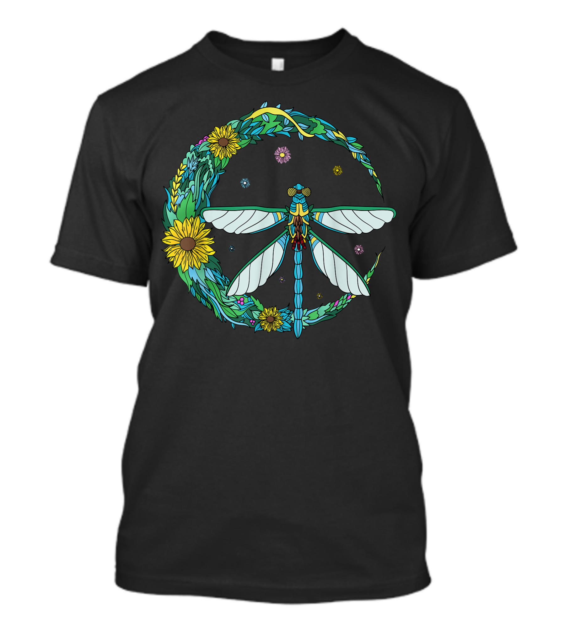Dragonfly Blue Moon Peace Sign With Vintage Hippie Sunflowers T-Shirt