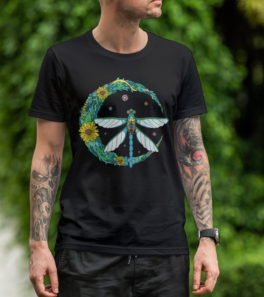 Dragonfly Blue Moon Peace Sign With Vintage Hippie Sunflowers T-Shirt
