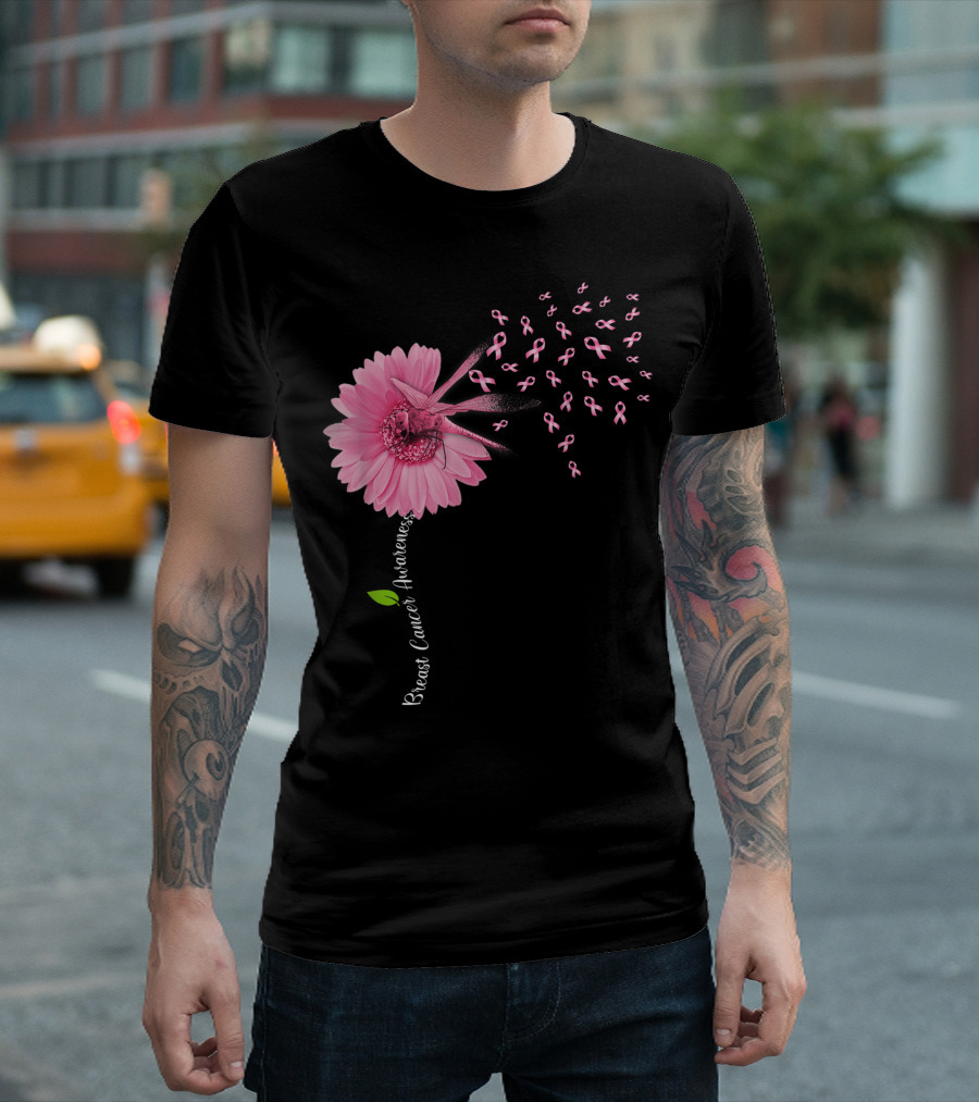 Breast Cancer Awareness Pink Ribbon Dragonfly Flower Women T-Shirt
