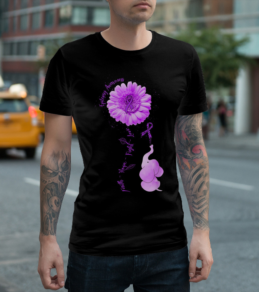 Epilepsy Awareness Faith Hope Fight Love Elephant Sunflower Purple T-Shirt