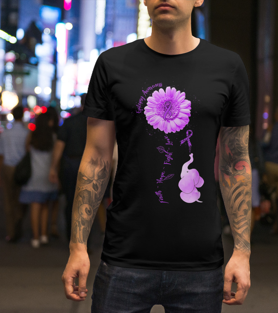 Epilepsy Awareness Faith Hope Fight Love Elephant Sunflower Purple T-Shirt