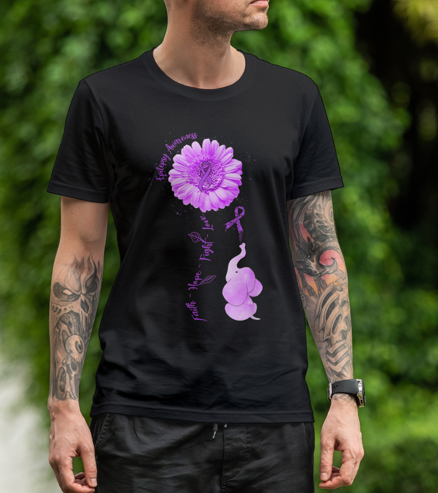 Epilepsy Awareness Faith Hope Fight Love Elephant Sunflower Purple T-Shirt