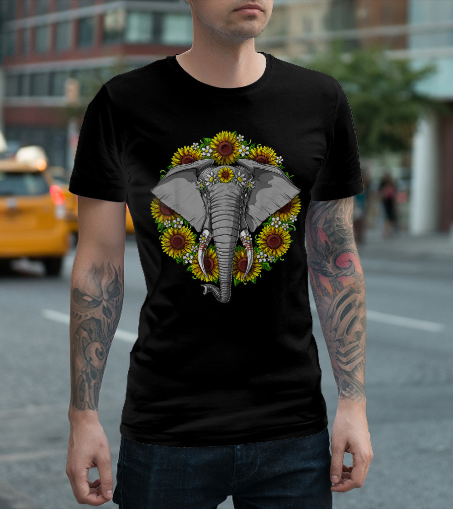 Elephant Surrounded by Sunflowers and Daisies T-Shirt