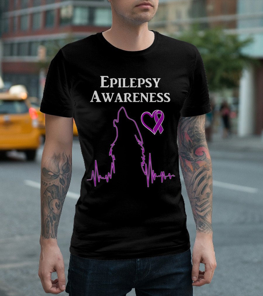 Epilepsy Awareness You Are Not A Lone Wolf Heart Ribbon Wolf EKG T-Shirt