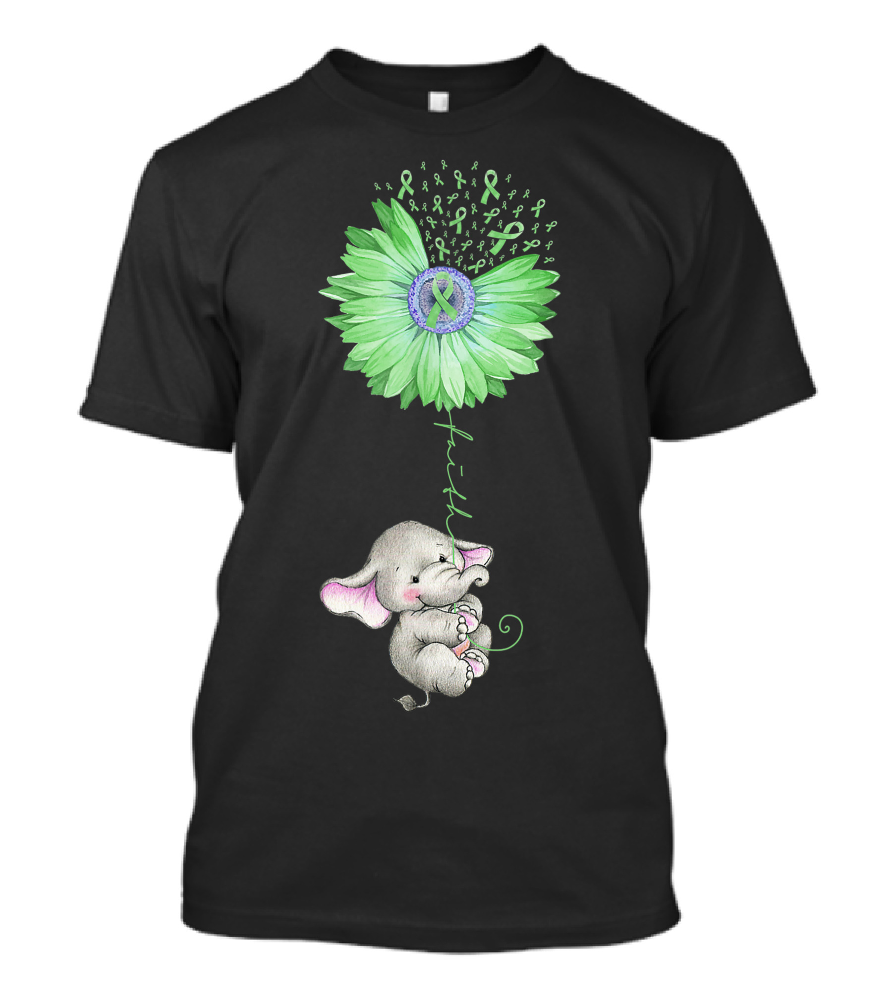 Faith Elephant Holding Green Sunflower With Mental Health Awareness Ribbons T-Shirt