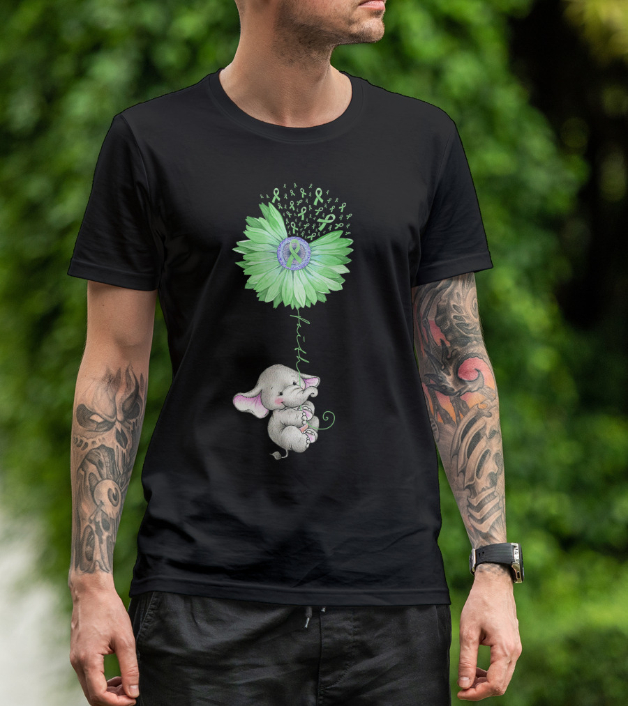 Faith Elephant Holding Green Sunflower With Mental Health Awareness Ribbons T-Shirt