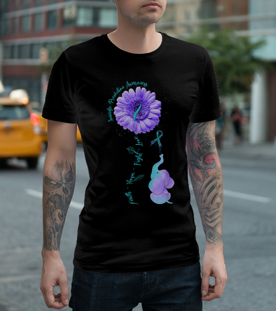 Faith Hope Fight Love Elephant Purple Ribbon Flower Suicide Prevention Awareness T-Shirt