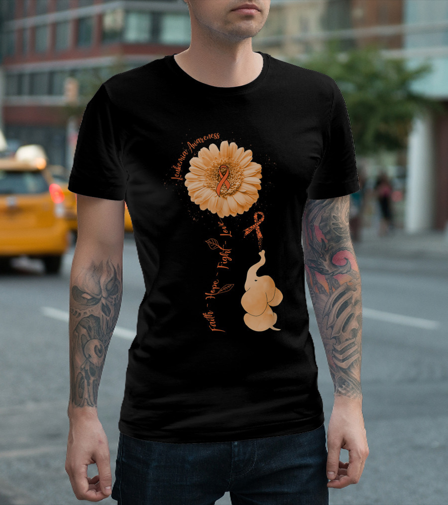 Leukemia Awareness Faith Hope Fight Love Elephant Sunflower T-Shirt