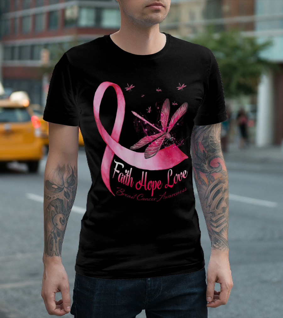 Faith Hope Love Breast Cancer Awareness Pink Ribbon Dragonfly T-Shirt