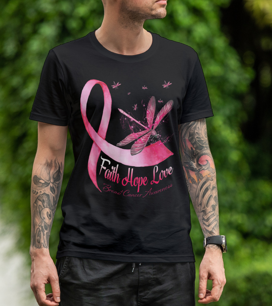 Faith Hope Love Breast Cancer Awareness Pink Ribbon Dragonfly T-Shirt