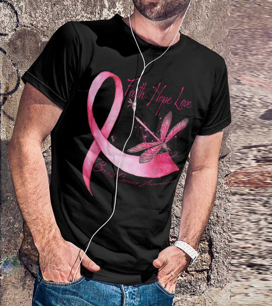 Faith Hope Love Dragonfly Pink Ribbon Breast Cancer Awareness T-Shirt