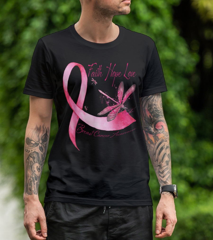 Faith Hope Love Dragonfly Pink Ribbon Breast Cancer Awareness T-Shirt
