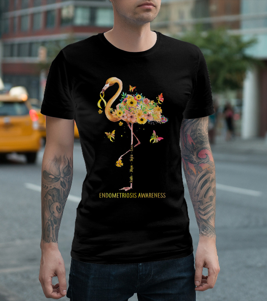 Flamingo Faith Hope Fight Cure Endometriosis Awareness Floral Ribbon Butterflies T-Shirt