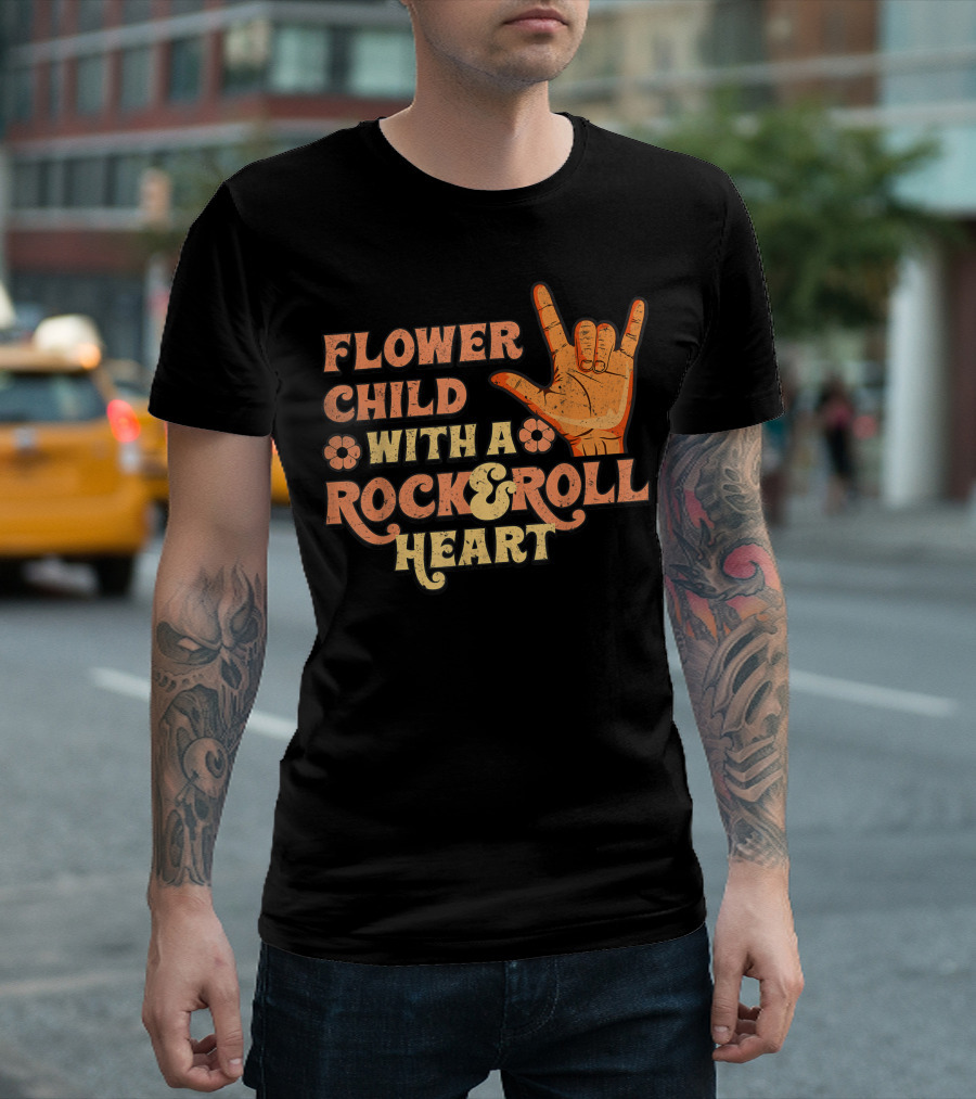 Flower Child With a Rock and Roll Heart Hand Sign Vintage 70s T-Shirt