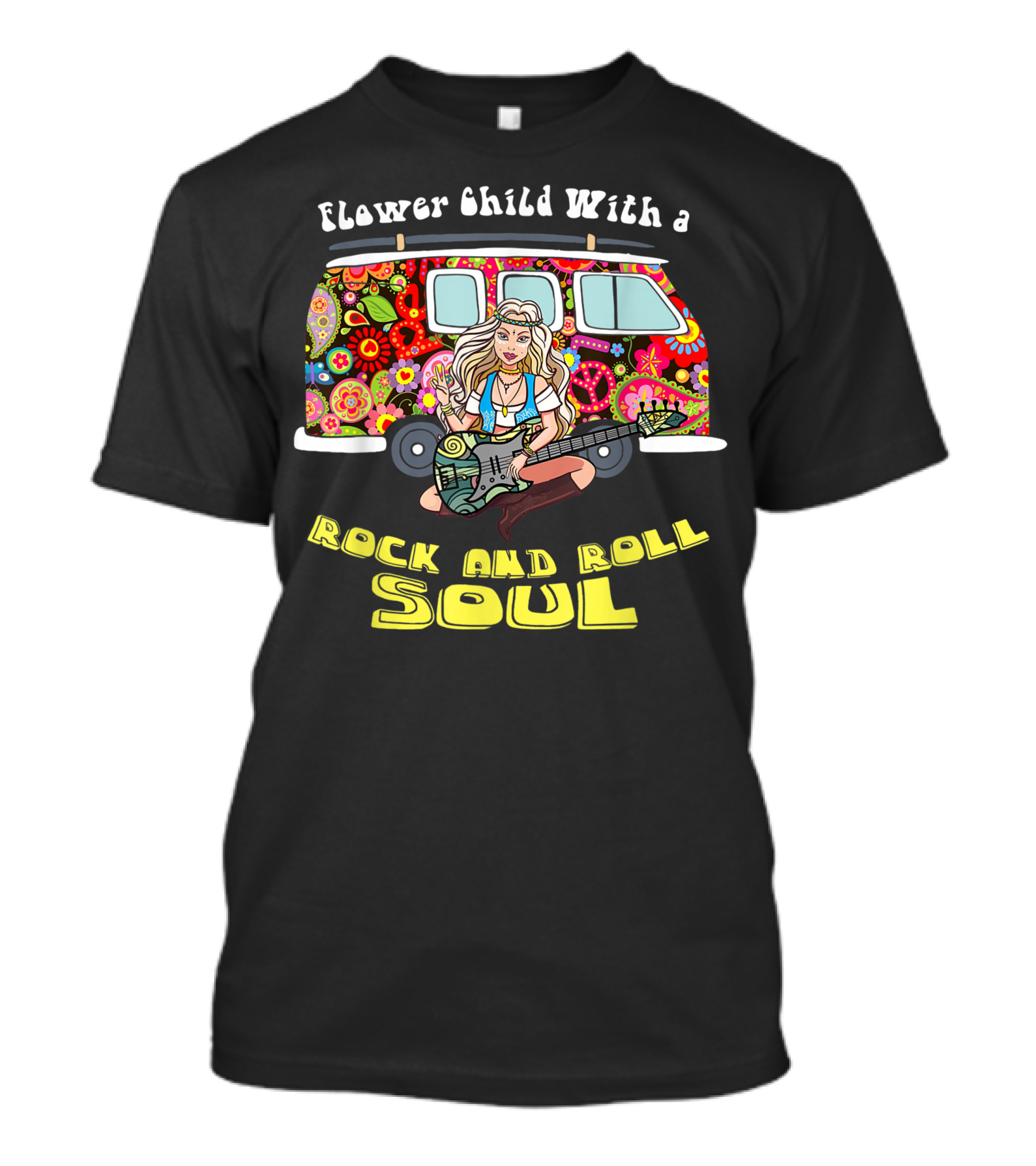 Flower Child With A Rock And Roll Soul Colorful Hippie Van Guitar Girl T-Shirt