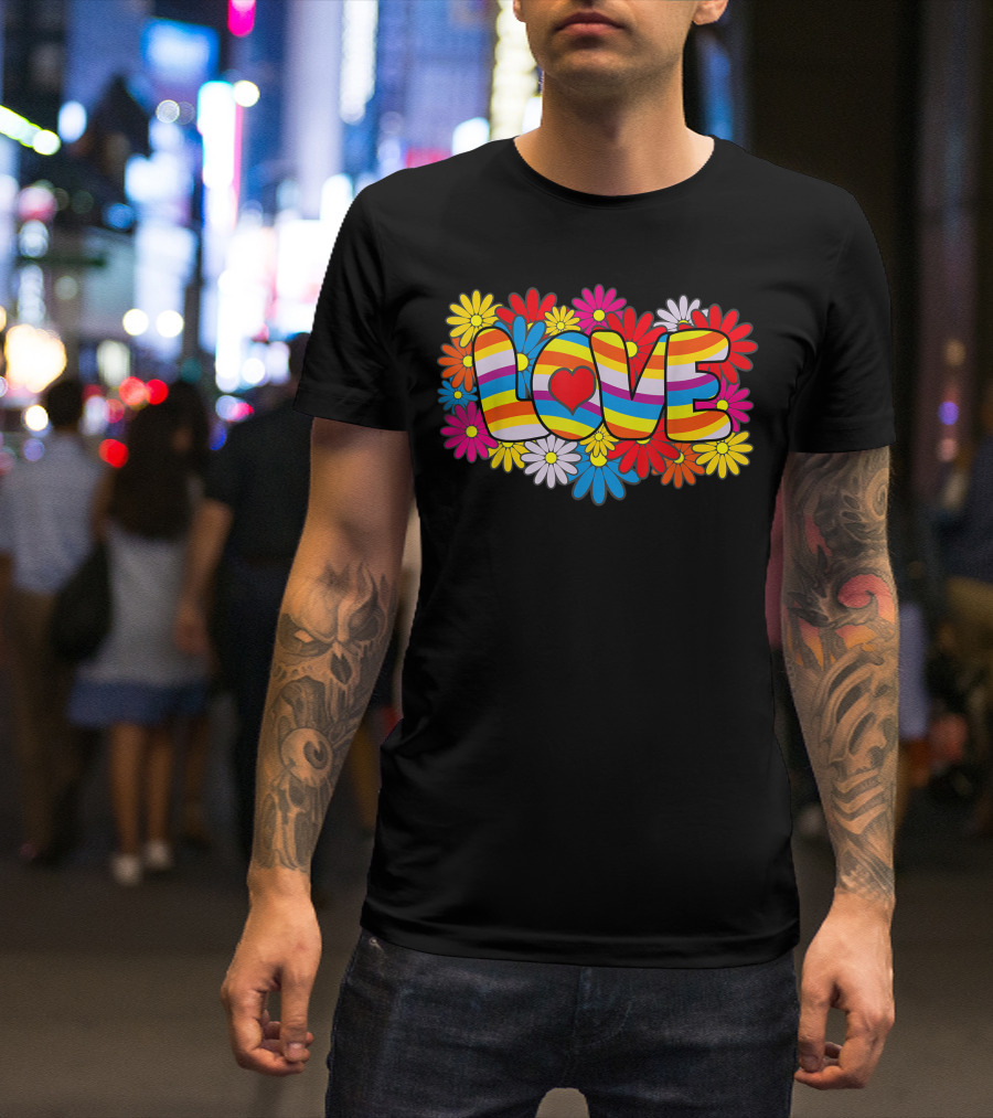 Flower Power Love Rainbow Heart Daisy Burst T-Shirt