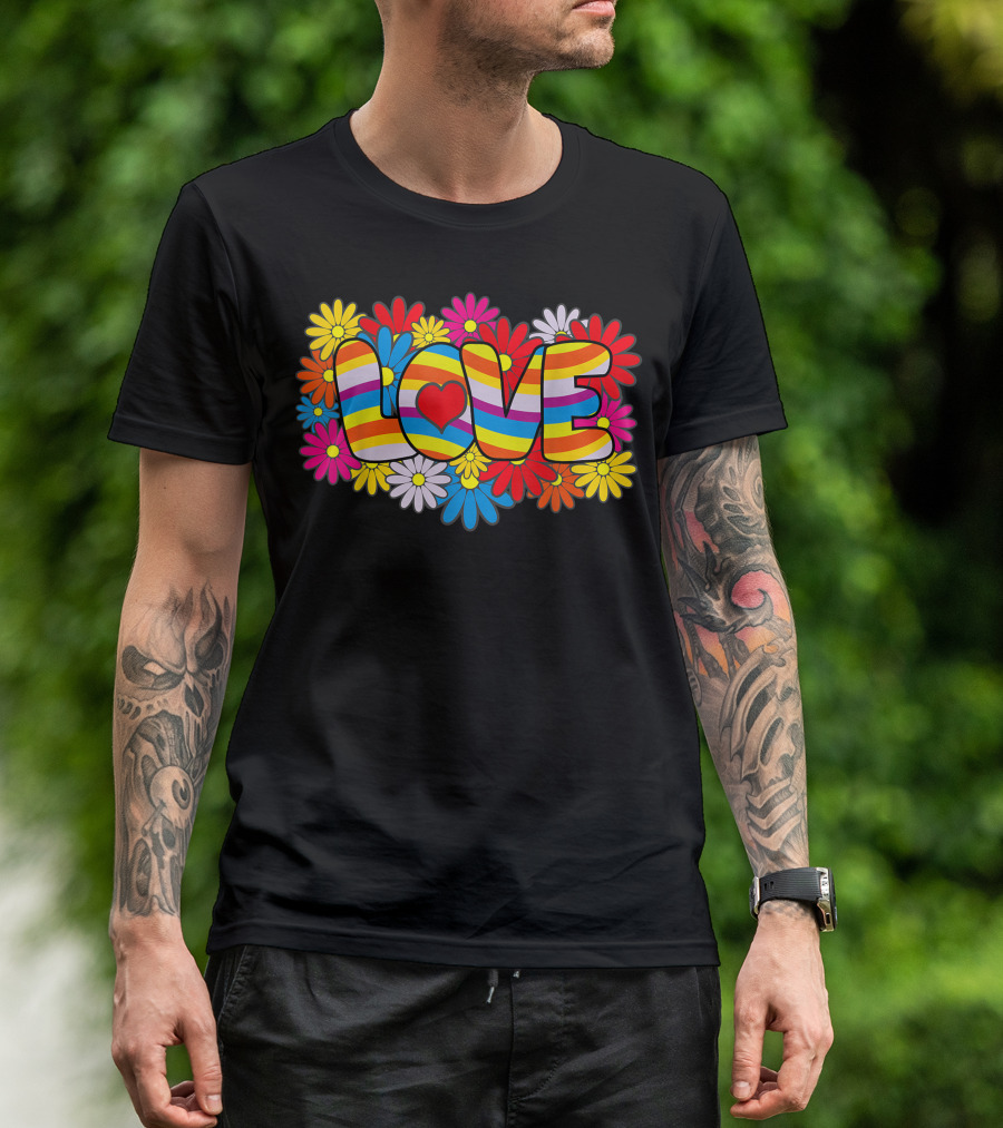 Flower Power Love Rainbow Heart Daisy Burst T-Shirt