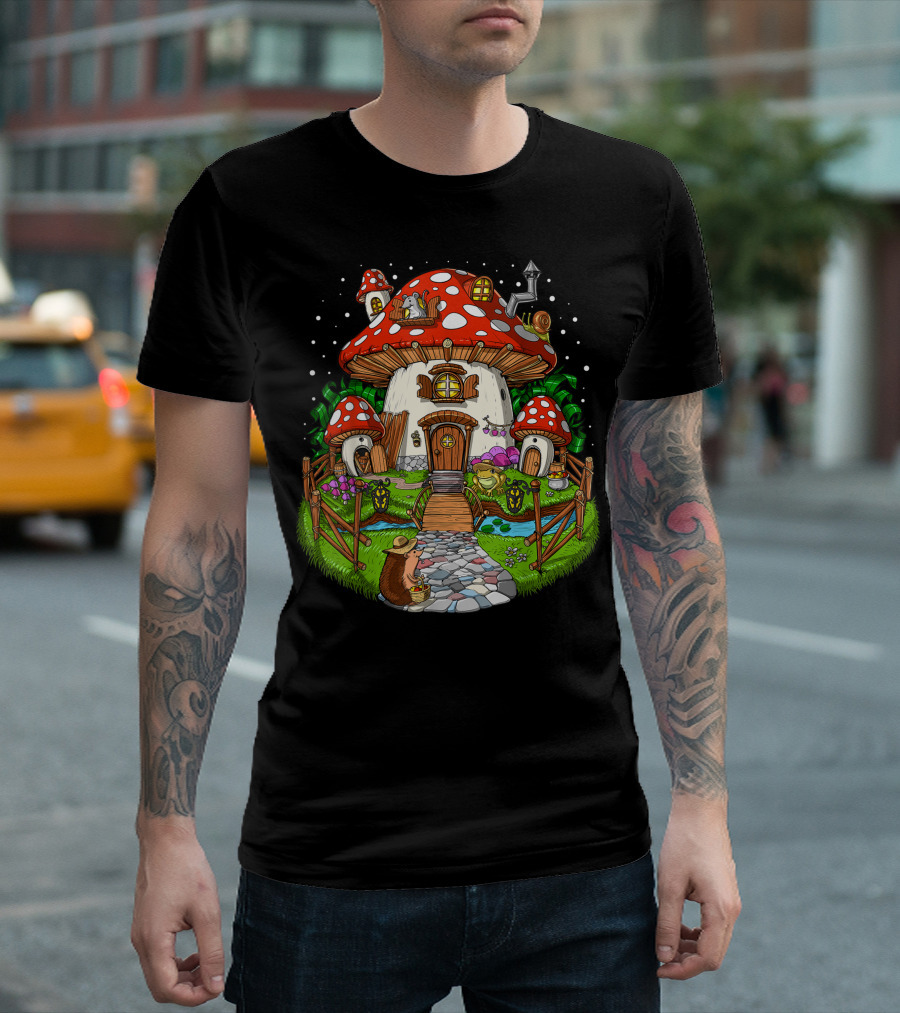 Forest Fantasy Mushroom House with Cute Fungi Creatures T-Shirt