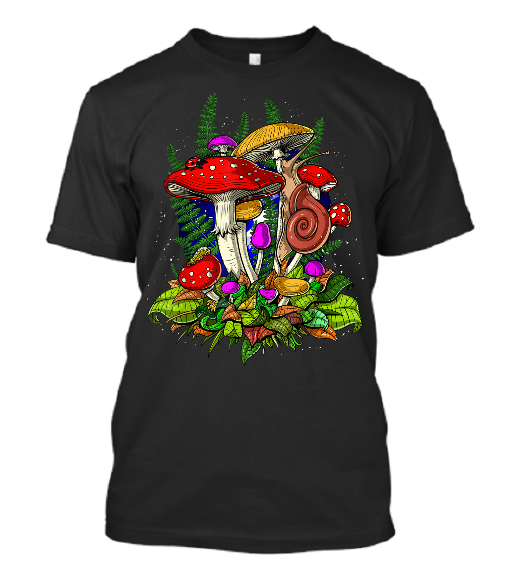 Forest Mushrooms Snail Foraging With Nature Plants And Mycology Fungi T-Shirt