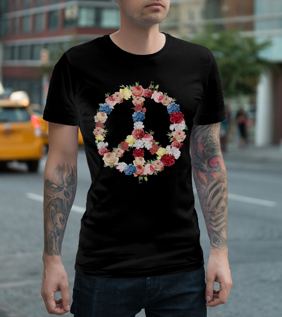 Peace Symbol With Colorful Spring Floral Arrangement T-Shirt