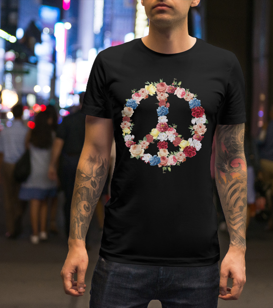 Peace Symbol With Colorful Spring Floral Arrangement T-Shirt