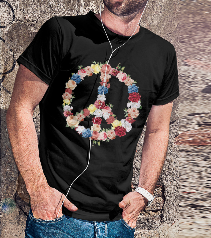 Peace Symbol With Colorful Spring Floral Arrangement T-Shirt
