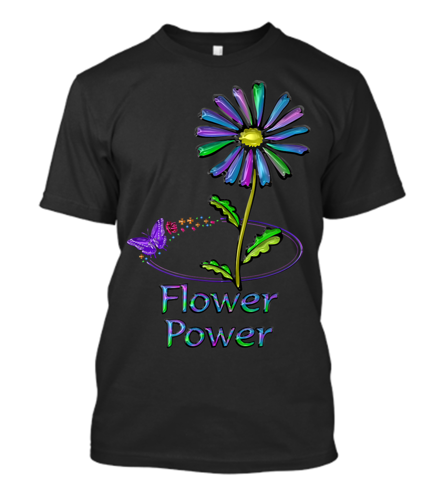Colorful Flower Power With Butterfly And Rainbow Petals T-Shirt