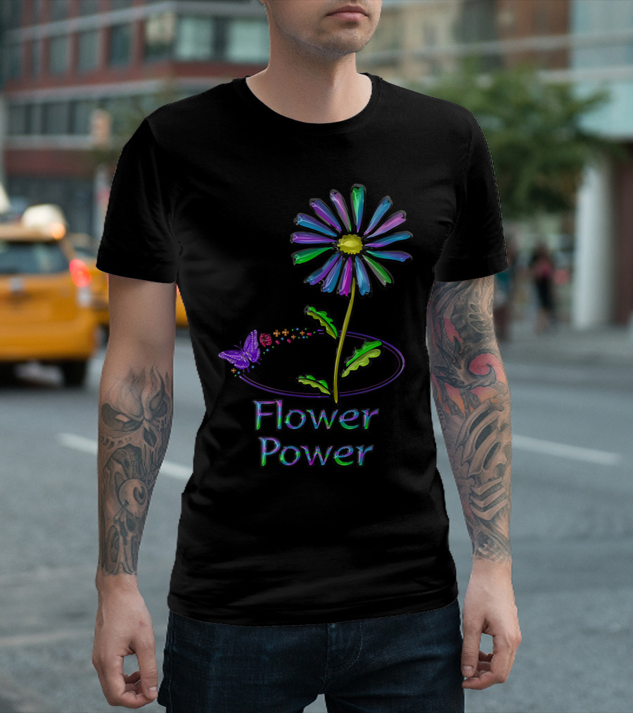 Colorful Flower Power With Butterfly And Rainbow Petals T-Shirt