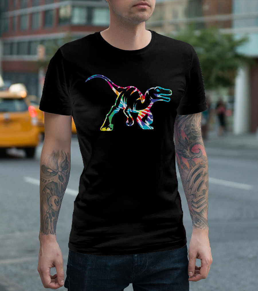 Fun Hippie Rainbow Tie Dye Dinosaur Raptor T-Shirt