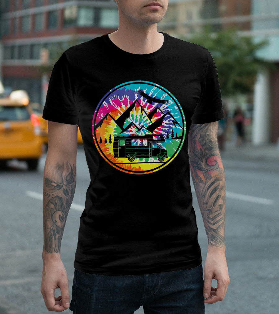 Hippie Rainbow Tie-Dye RV Adventure with Mountain Scene and Eagle T-Shirt
