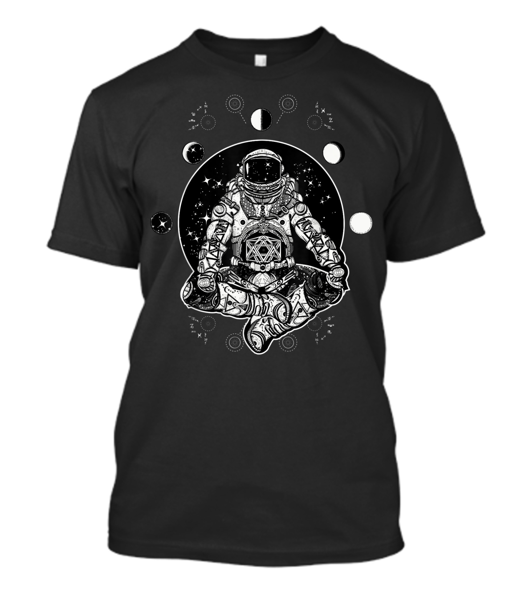 Zen Psychonaut Astronaut With Moon Phases And Cosmic Geometry T-Shirt