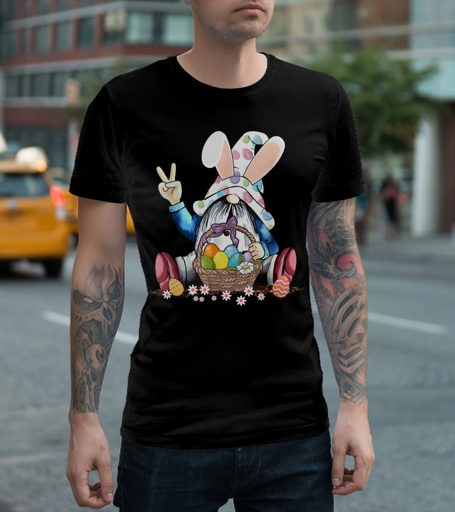 Bunny Hat Peace Sign Gnome with Easter Egg Basket and Flowers T-Shirt