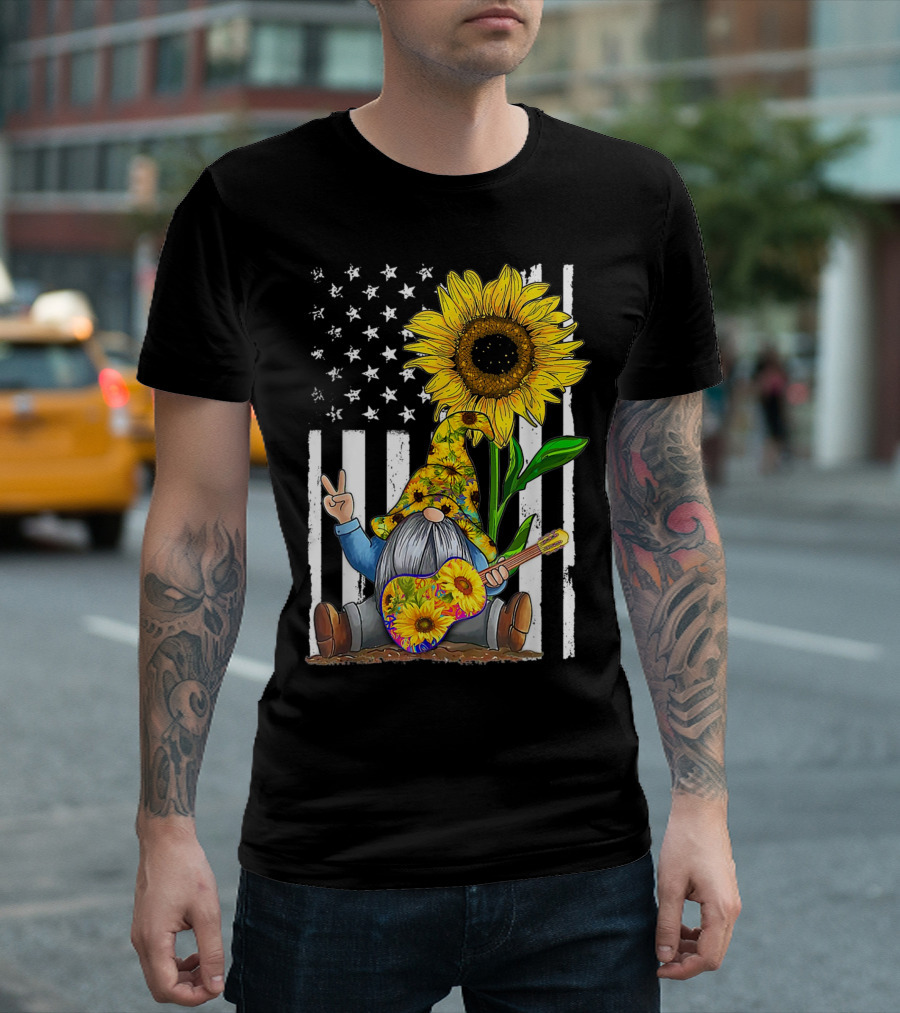 Gnome Playing Guitar Sunflower Hippie Gnomes American Flag Peace Sign T-Shirt